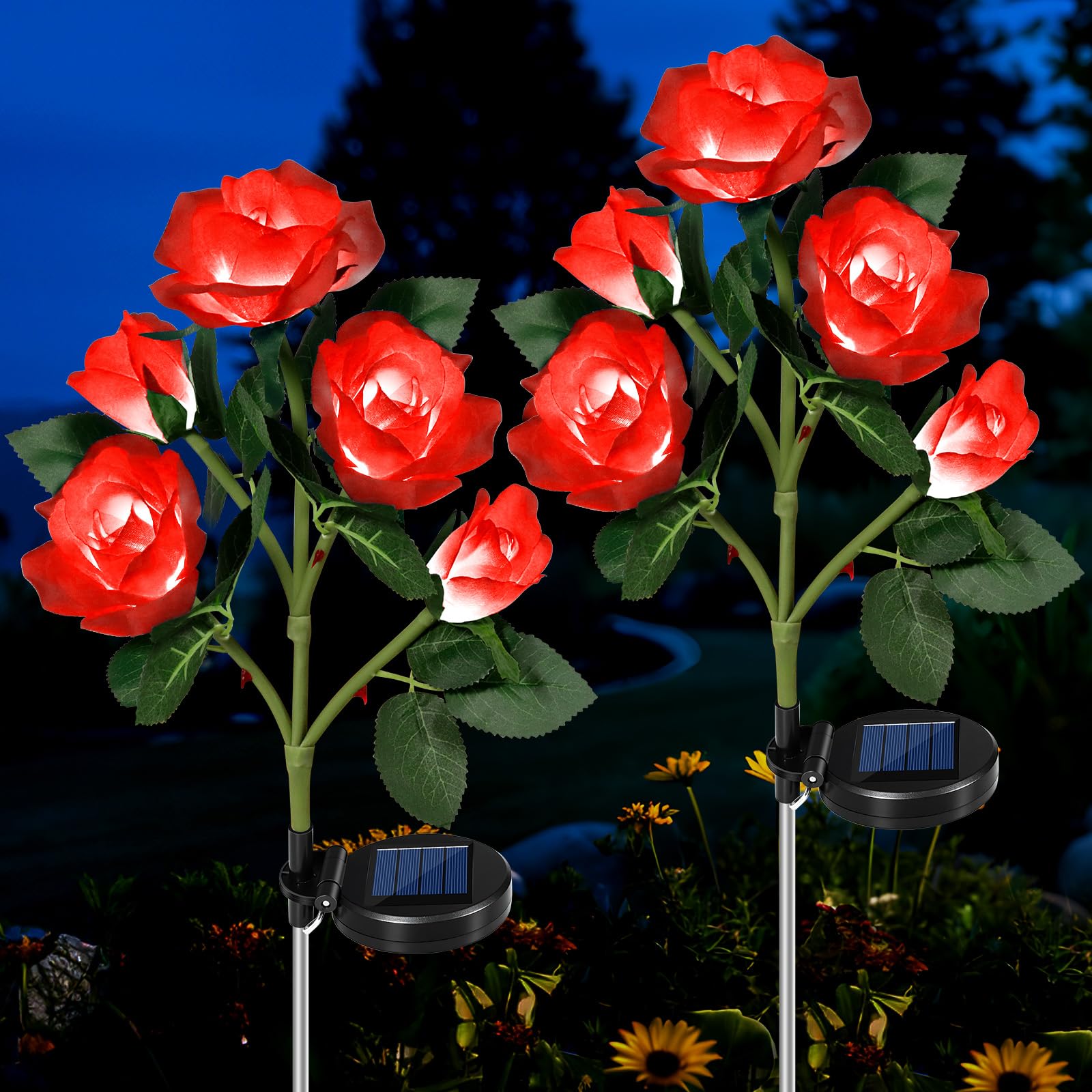 HELESIN Solarlampen für Außen Garten 2 Stück, IP65 Wassergeschützt Solar Blumen für Außen, Solar Rosen Außen Wetterfest, Solarlampen für Außen Deko, Büsche, Rasenflächen Deko Rote