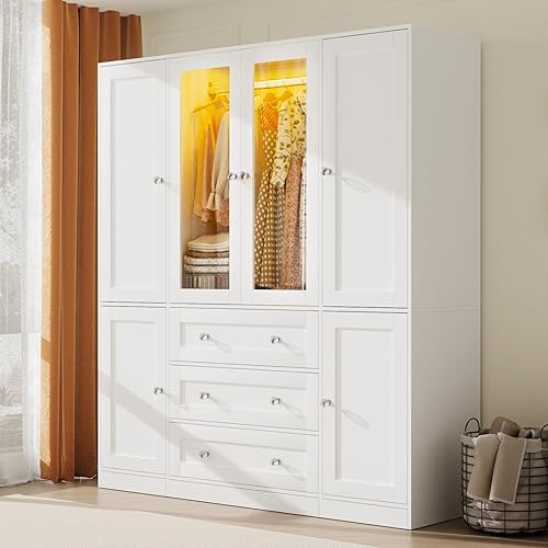 VOWNER 75" Tall Armoire Wardrobe Closet with Drawers & Lights, Clothing Storage Cabinet with 4 Glass Doors & Hanging Rod, Wooden Armoire Storage Cabinet for Bedroom