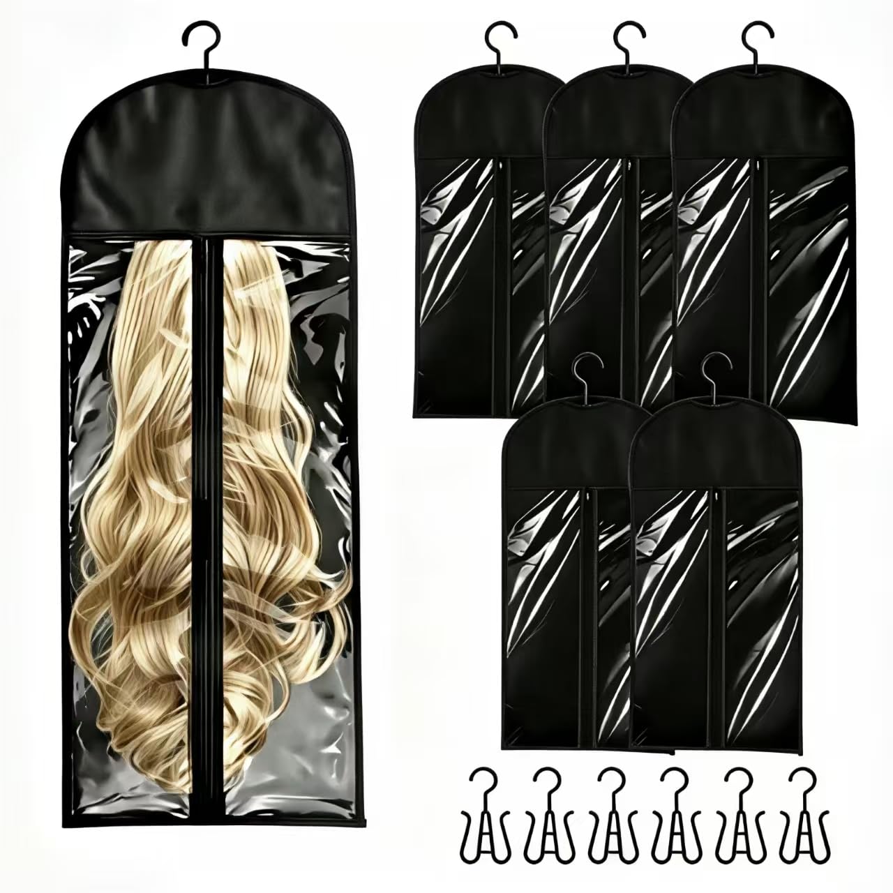 6 pcs Hair Extensions Storage Bags with Hanger, 80cm Portable Wig Storage, Zipper Wig Bag for Storage for Hair Extension Clips Bundles Wigs (Black)