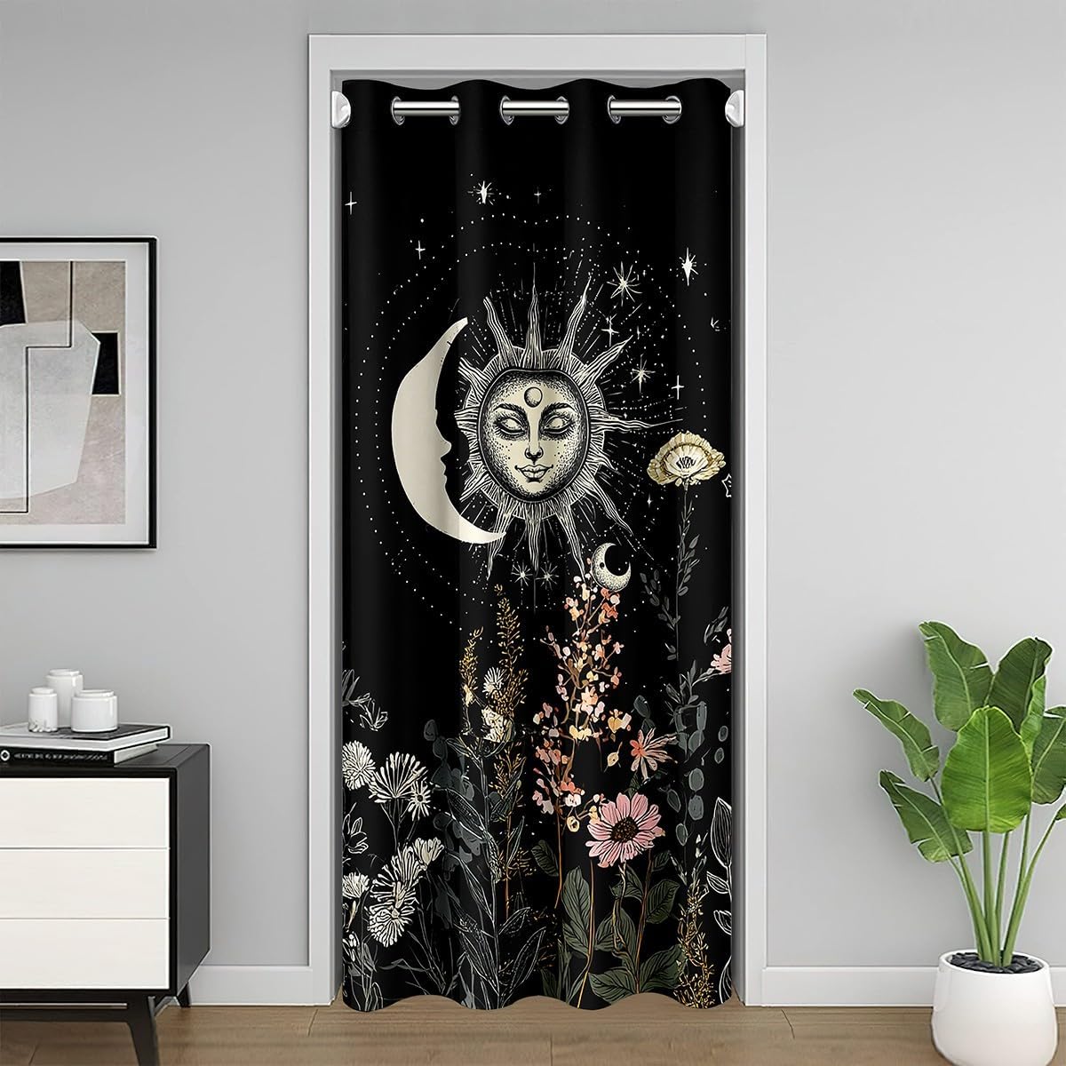 jejeloiu Sun and Moon Doorway Curtain,Door Cover Curtain,Bohemian Privacy Heat Blocking Blackout Thermal Insulated Door Curtain,Boho Floral Darkening Blackout Curtains for Bedroom 42x80'' 1 Panel