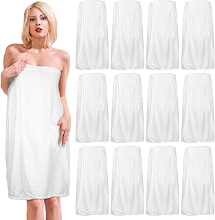 Tigeen 12 Pack Women's Waffle Spa Robe Wraps with Pocket, Adjustable Lightweight Bath Towel for Shower & Spa (White)