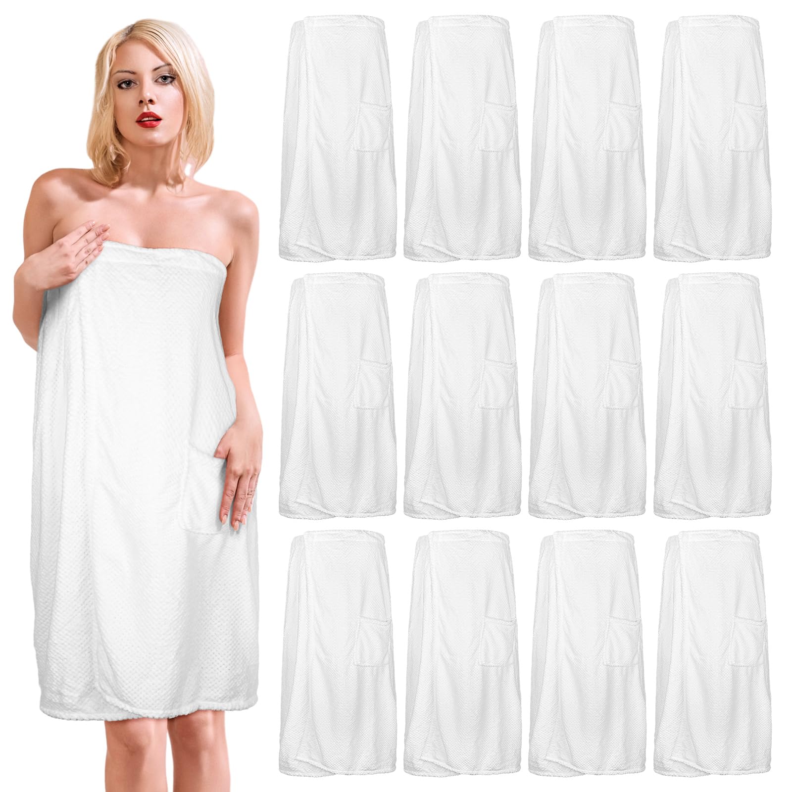 12 piezas de bata de spa para mujer, toallas de spa con bolsillo ajustable, toallas ligeras para baño y ducha, Blanco