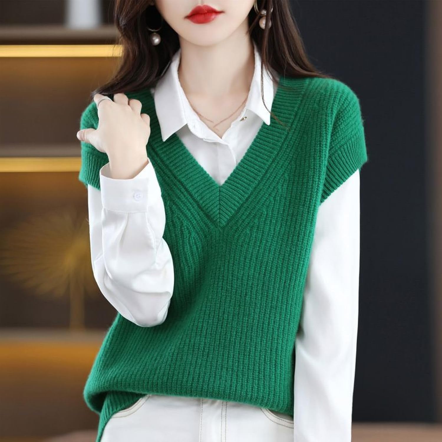 [mou Studio 私のスタジオ] レディース ニットベスト - ファッションソリッドカラーオールマッチセーターベスト Vネック