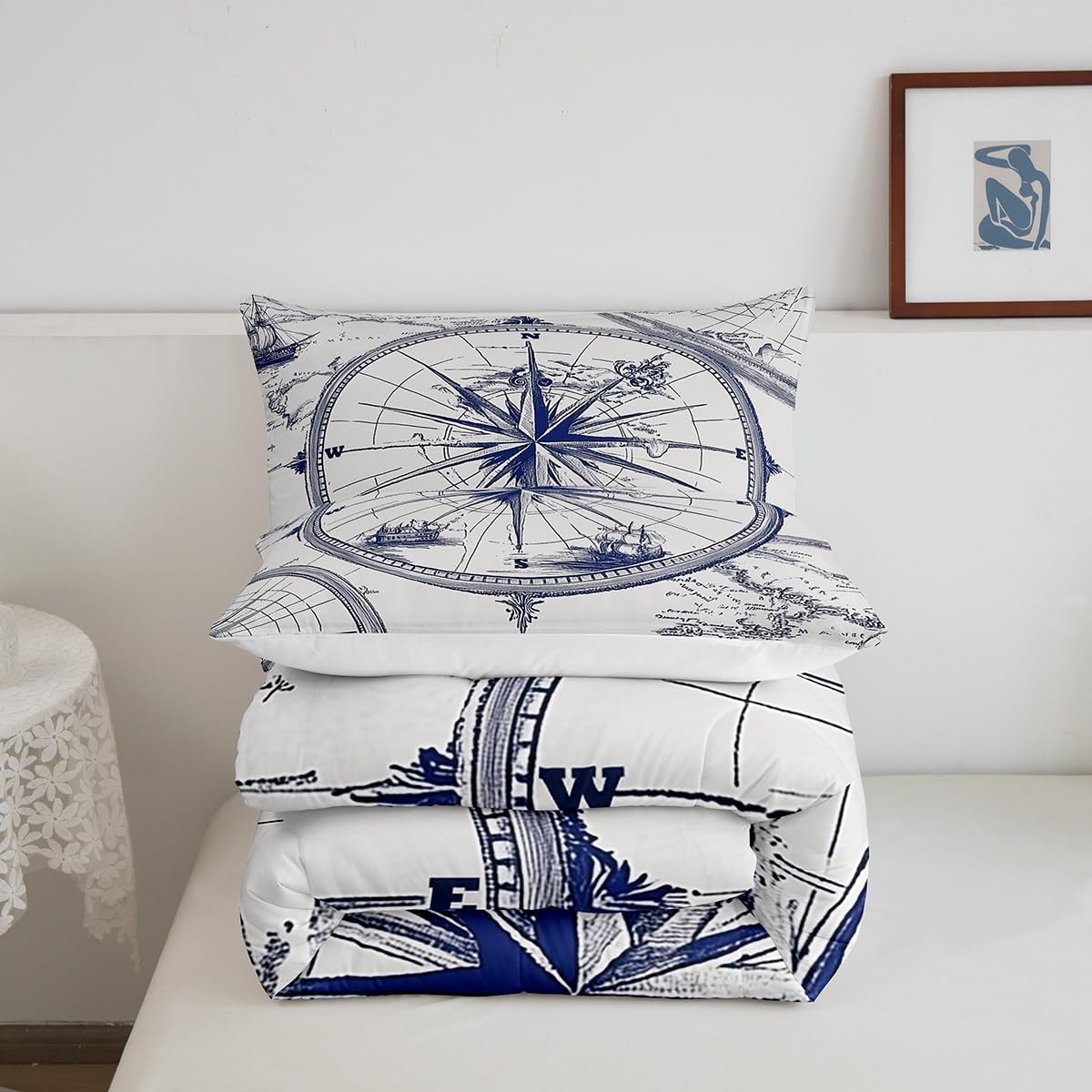 Feelyou Compass Print Comforter Set Queen Size Ocean Nautical Themed Bedding Set Kids Boys Girls Geometric Circles Pattern Comforter Coastal Sea Adventure Quilt Set