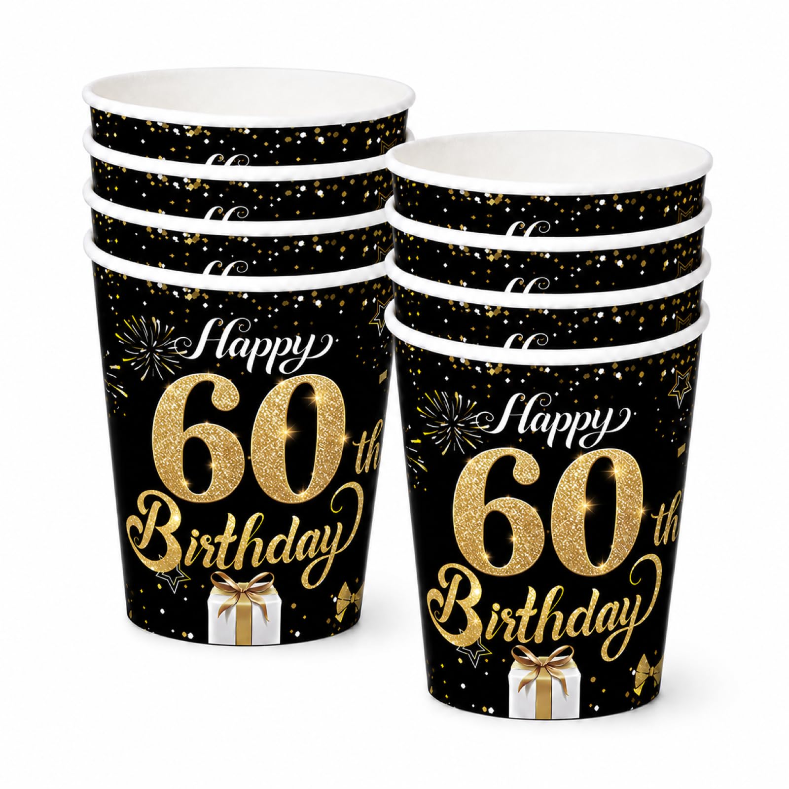 YESAH 60th Black Gold 9 oz Birthday Paper Cups 16 Pack Party Drinkware Set