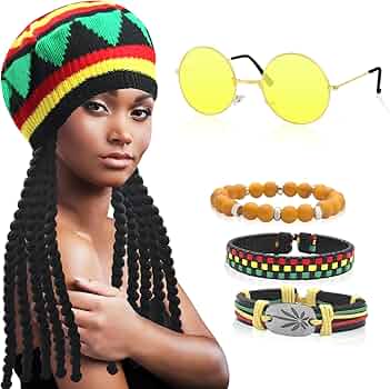 TUONYIS Ensemble Rasta 4 Pièces - Accessoires De Costume Reggae - Perruque De Dreadlocks Tressées Jamaïcaines - Lunettes Jaunes, Bracelet, Collier - Pour Halloween, Cosplay, Bal Masqué (multicolore
