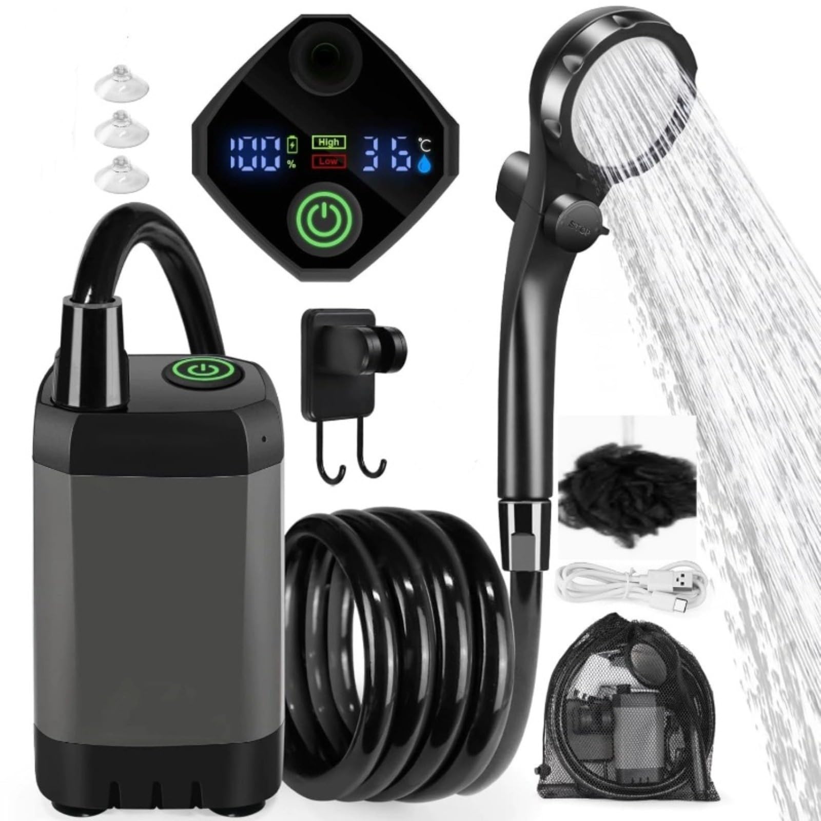 Doccia da campeggio portatile, 6000 mAh, ricaricabile tramite USB, per esterni, con display a LED, modalità regolabili, testa filtrante, per escursionismo e spiaggia (grigio)