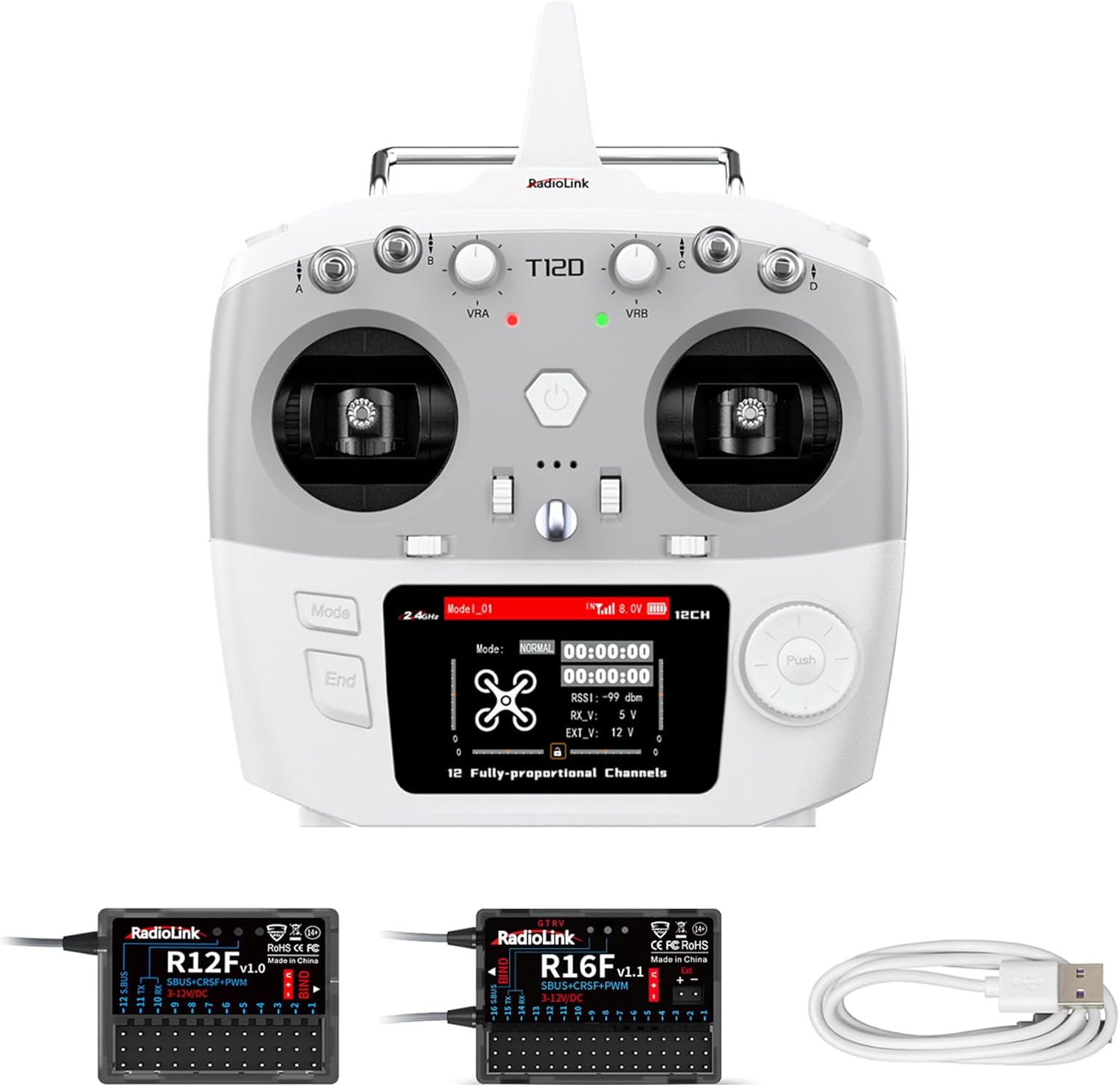 Radiolink T12D ELRS 12-Channel RC Transmitter with R12F and R16F receivers and USB cable