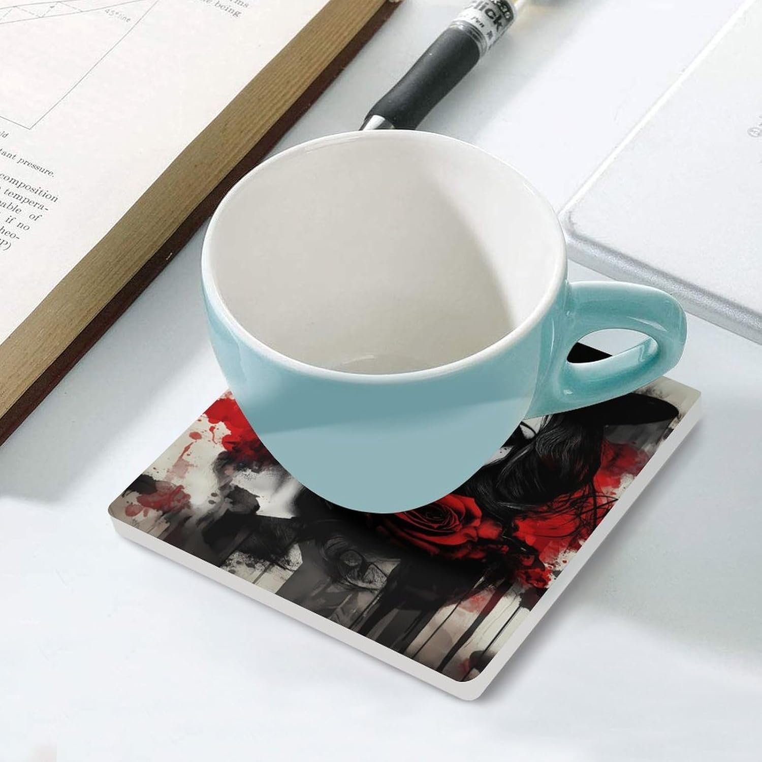 Pretty Clown Woman Rose Painting Ceramic Coasters Set Square Drink Coasters Table Coaster for Kitchen Desktop Decor