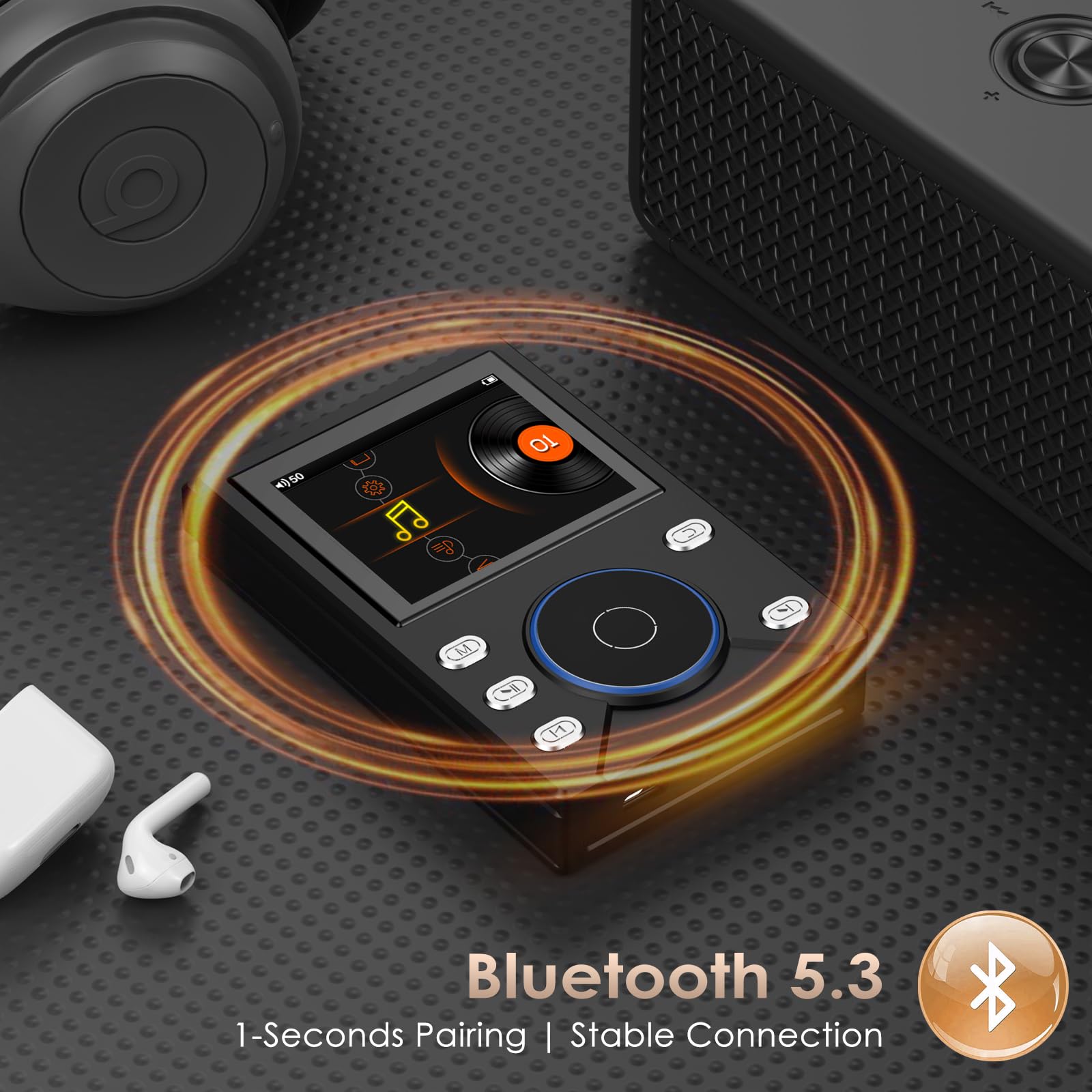Gueray Reproductor MP3 HiFi 16GB con Bluetooth 5.3 Reproductor de Audio Digital de Alta Resolución sin Pérdidas, Soporta Radio FM Grabadora de Voz Tarjeta de Memoria de 64GB (Ampliable hasta 256GB)