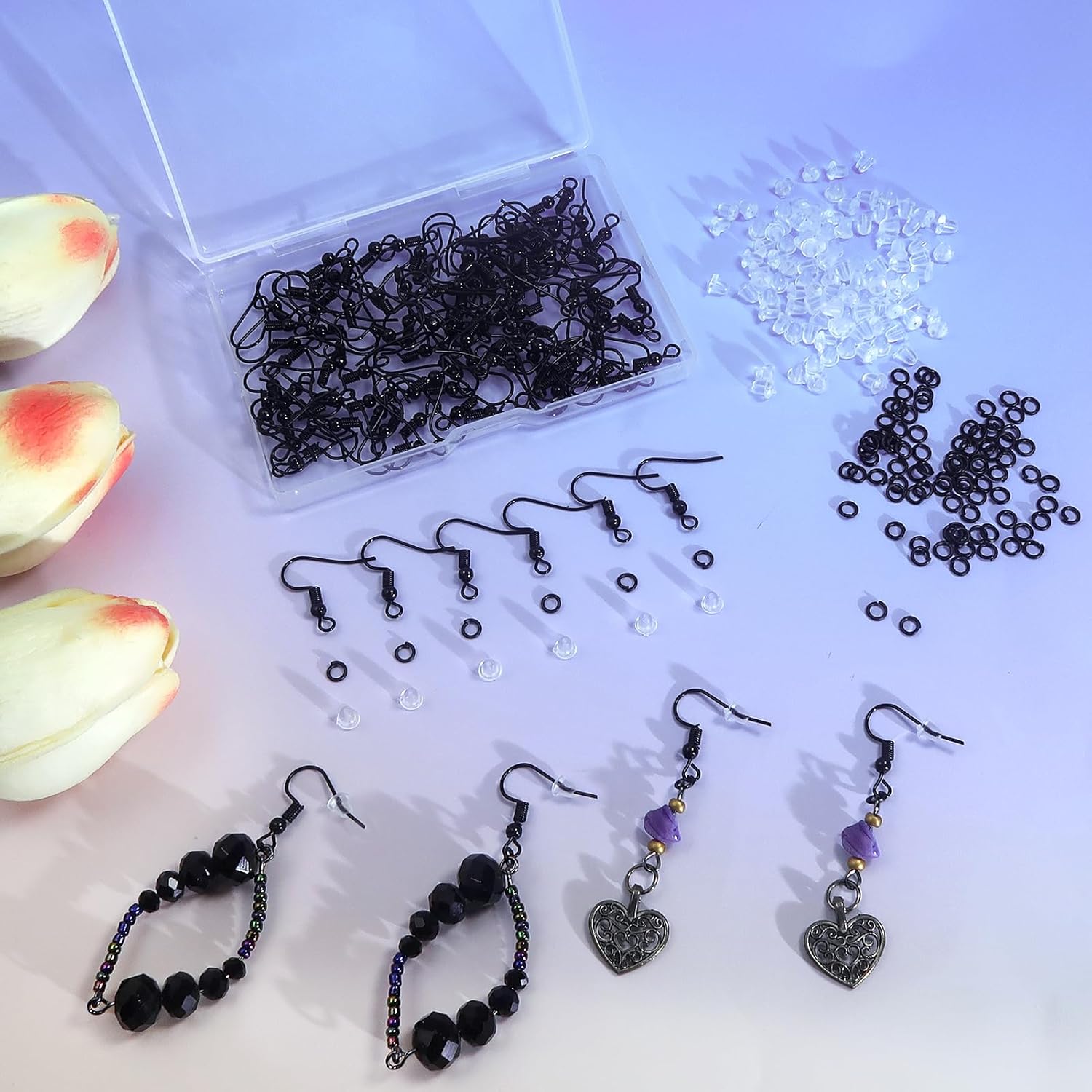 TOAOB 300pcs Earring Hooks Kits Black French Ear Wires with Ball and Coil 18mm Fish Hook Earring Making Supplies with Jump Rings and Clear Silicone Ear Backs for DIY Jewelry Findings - Image 6