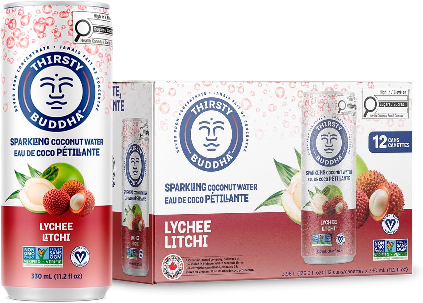 THIRSTY BUDDHA Sparkling Coconut Water with Lychee, No Added Sugar, Pure Coco Drink, Natural Fruit Flavour, Electrolyte & Nutrient-Rich, 12 Pack, (12/330ml)