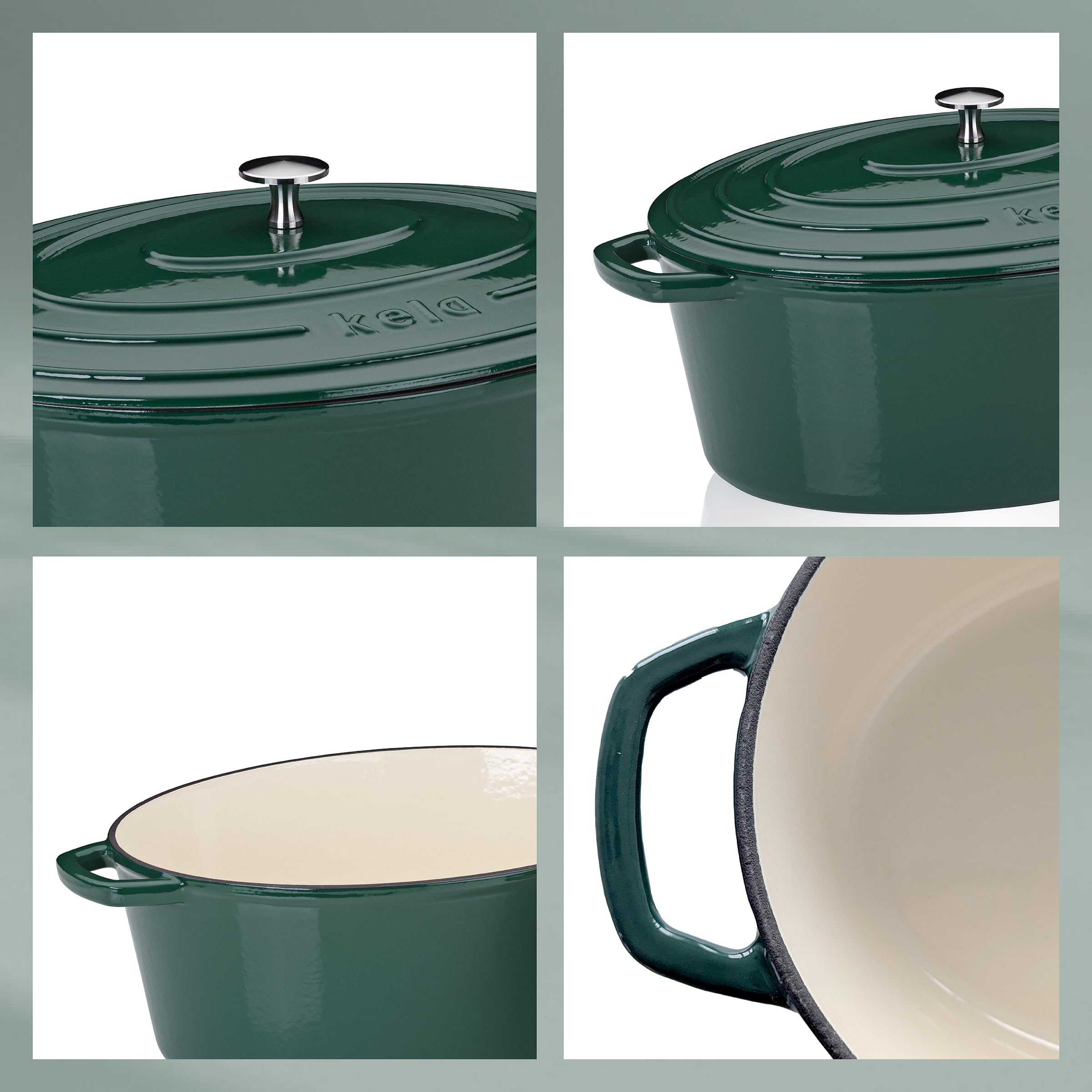 kela Casseruola ovale in ghisa 9,3 litri, forno olandese Calido, cottura a induzione con coperchio, pentola in ghisa per cuocere il pane, smaltato, verde