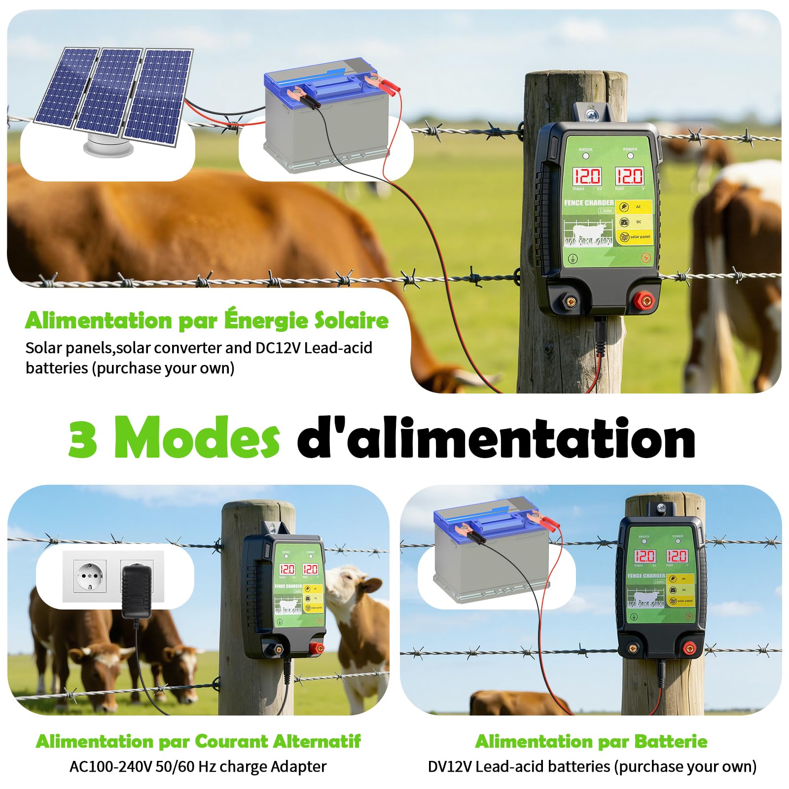 12KM Clôture Électrique pour Bétail Animaux, 12kV 3.0J Tension de Sortie Électrificateur Clôture Électrique avec Affichage LED, Protection pour Chevaux Moutons Chien Jardin Pâturages (Noir-Vert)