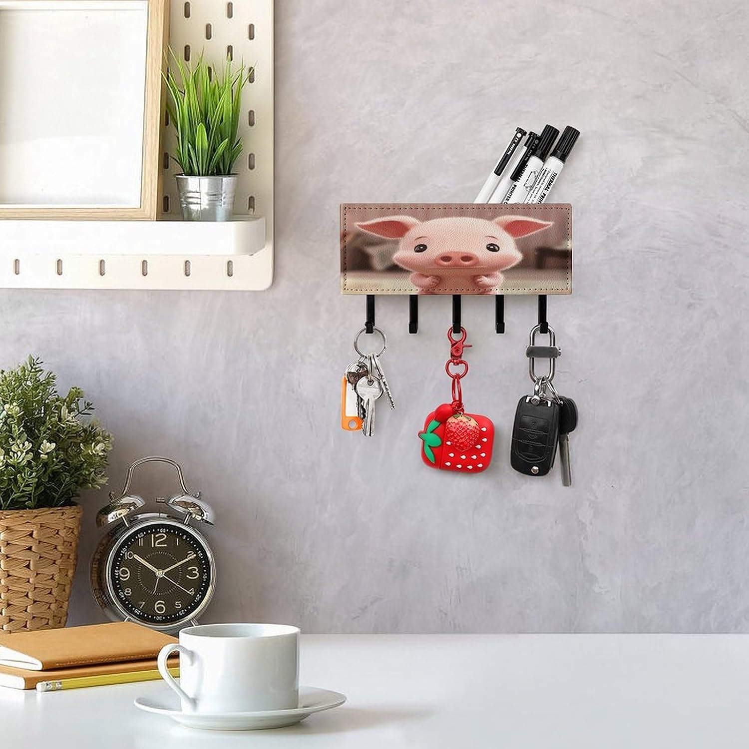 Key Holder Wall Mount Key Hanger with 5 Hooks, Decorative Key Rack | Cute Pig Hanging Key Hooks with Mail Organizer for Wall Living Room Kitchen Bathroom Hallway
