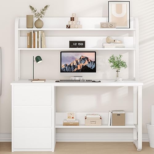 Escritorio blanco con gabinete, escritorio de computadora de 60 pulgadas con 3 cajones para dormitorio, escritorio de estudio con estantes para