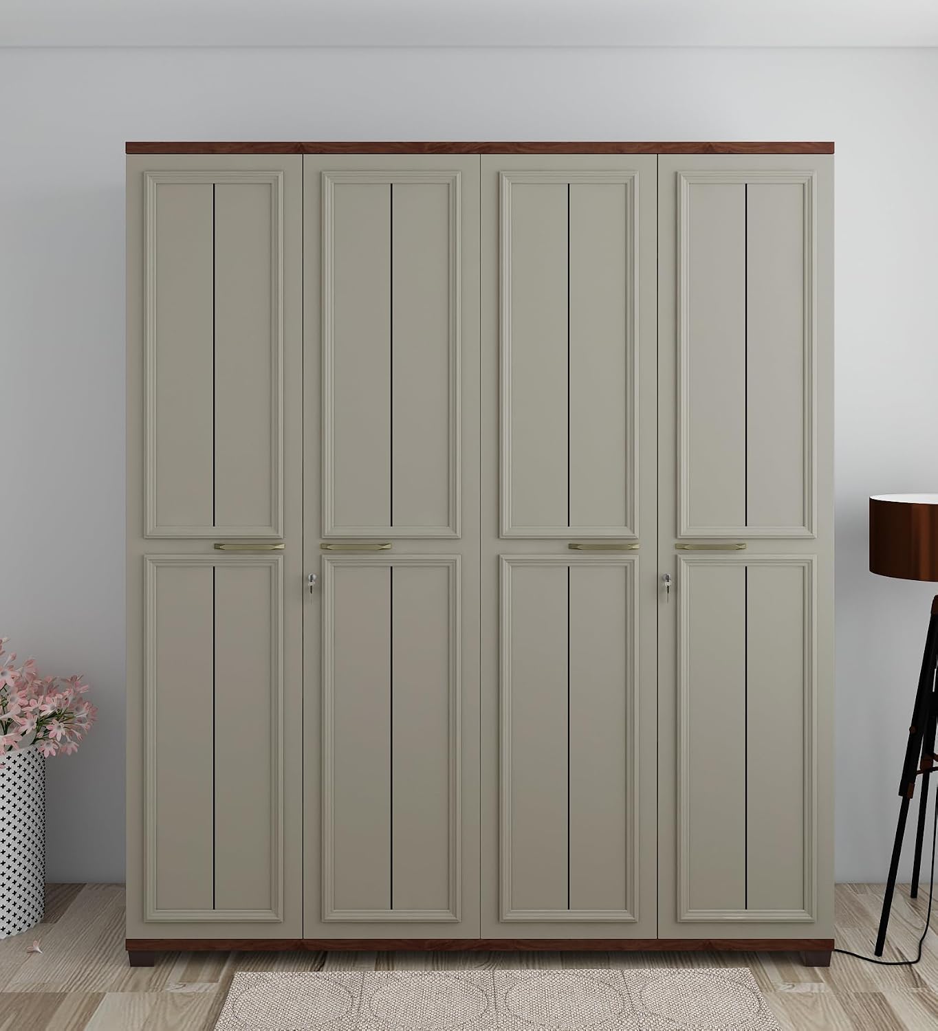 Spacewood Sahara 4 Door Wardrobe | Stone Grey Modern Ash Finish | Engineered Wood Almirah with 2 Drawers (2 Lockable) & 2 ...