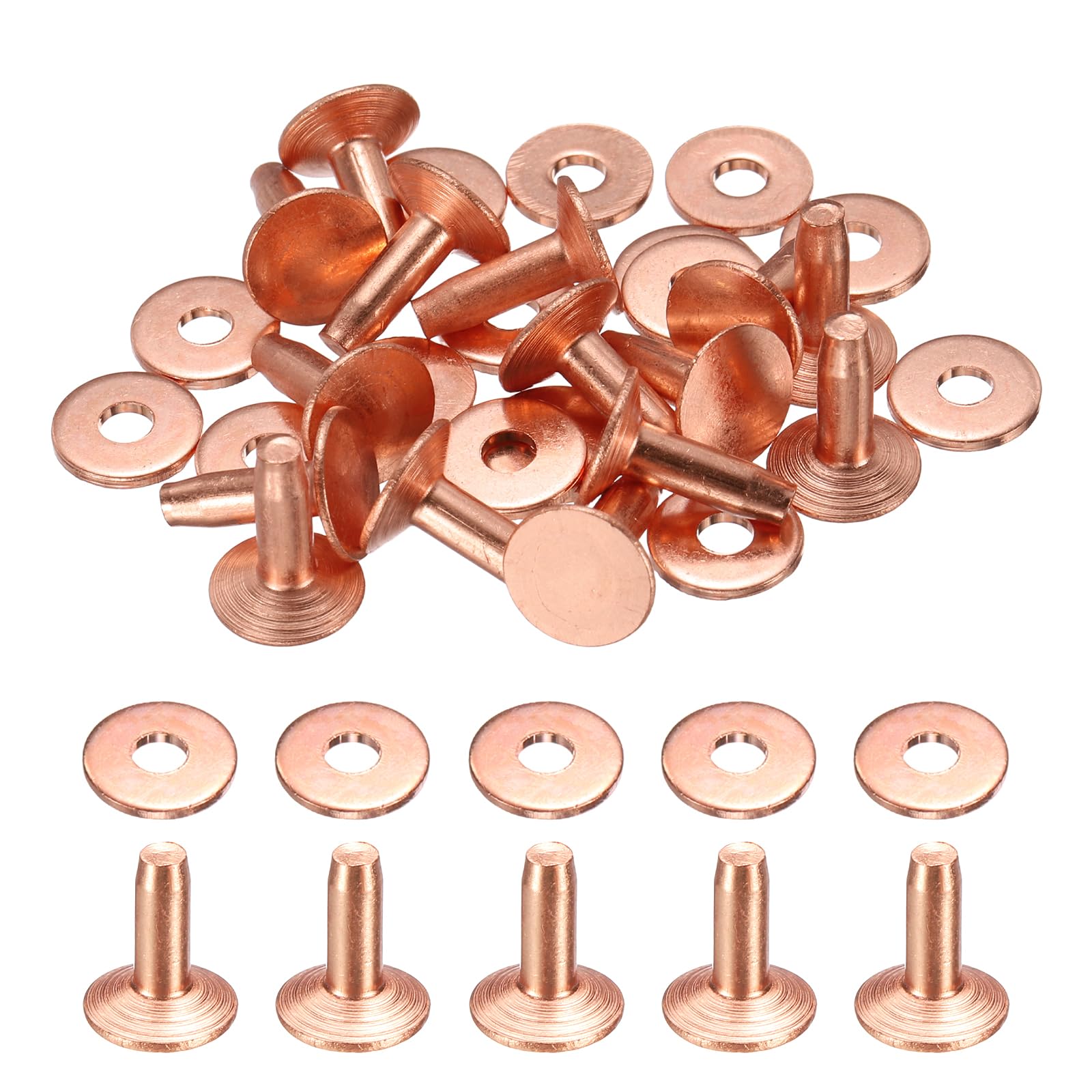 sourcing map 15Set Copper Rivets and Burrs Washers 9x3.3x12mm Dimpled Finish Solid Leather Rivet Fastener Studs Posts for Leather DIY Craft Belts Wallets Collars, Copper Tone