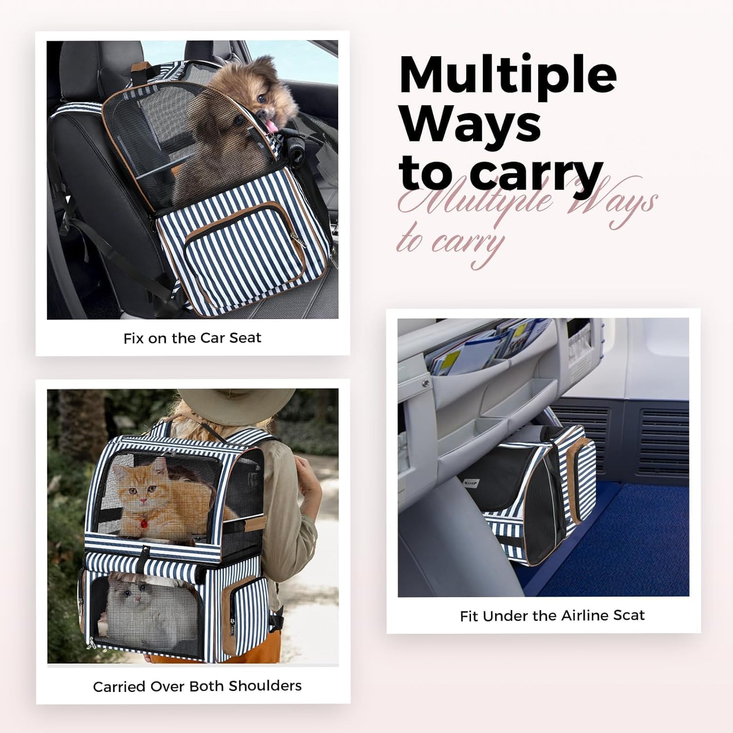 Double Cat Backpack Carrier for 2 Cats, Double-Compartment Pet Carrier Backpack for 2 Small Cat or One Medium Cat, Cats Carrier Backpack Dog Carrier Backpack Fits Up to 24 Lbs,Blue Striped image 5
