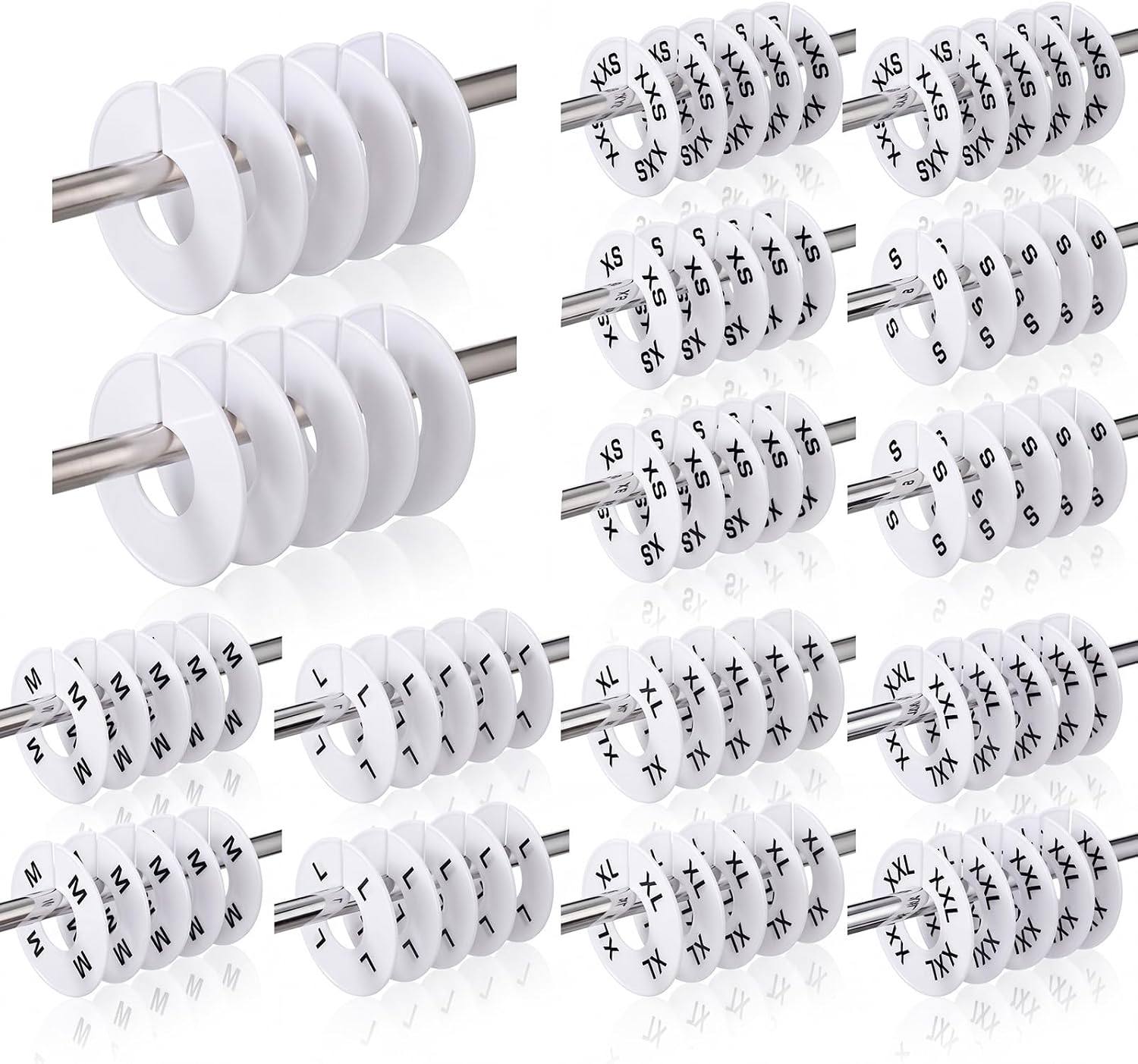 EBOOT 40 Pcs Clothing Size Dividers Retail Round Closet Size Dividers Hangers Plastic Clothes Rack Preprinted in XXS to XXL for Home or Clothing Store (White)