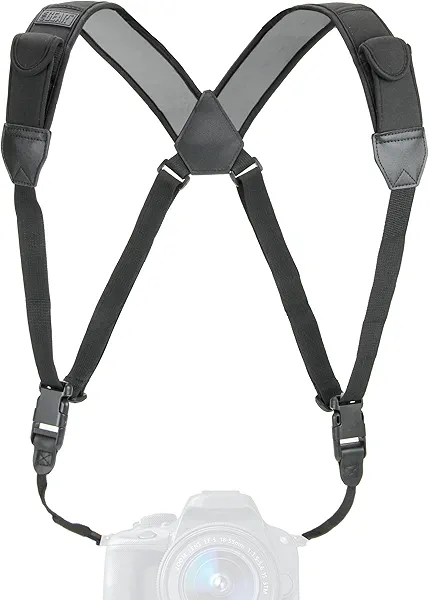 USA Gear DSLR Camera Strap Chest Harness with Quick Release Buckles, Black Neoprene Pattern and Accessory Pockets - Compatible with Canon, Nikon, Sony and More Point and Shoot and Mirrorless Cameras