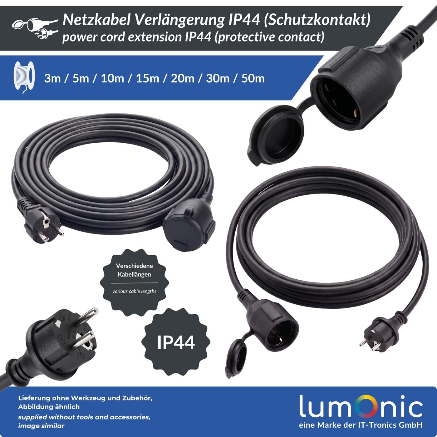 Lumonic Cable alargador Schuko IP44 de goma, negro, 50 m, 230 V - Revestimiento flexible de goma, para jardín y taller, protegido contra salpicaduras según la norma IP44, toma con tapa protectora y se