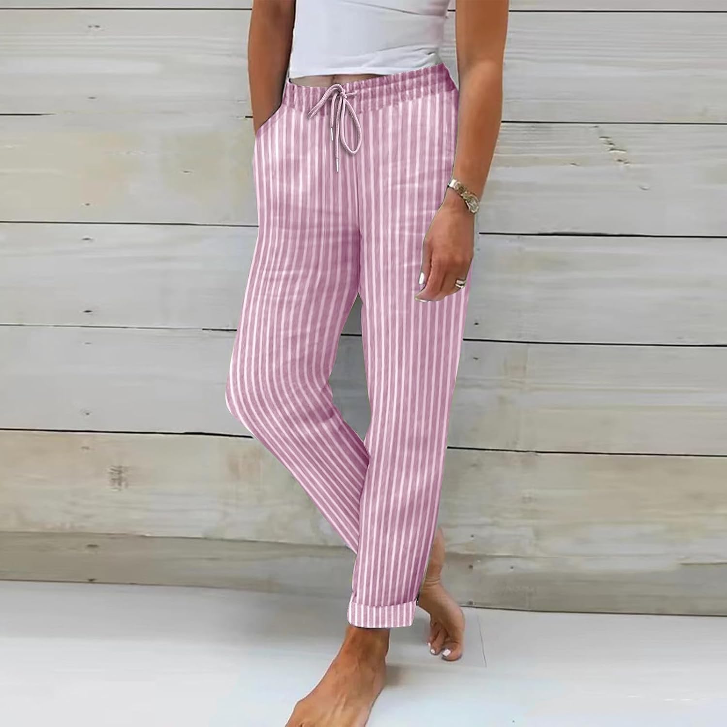 Striped Cotton Linen Pants for Women Summer Drawstring High Waist Straight Leg Lounge Casual Lightweight Beach Pants
