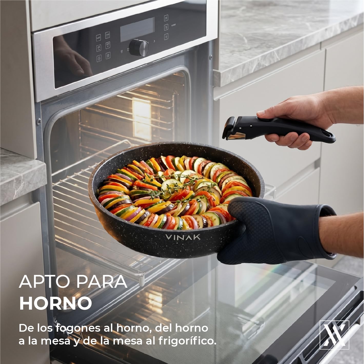 VINAK - Set de sartenes con mango extraible  antiadherentes | 11 piezas - Sartén 26 cm + 20 cm, Cacerola 18 cm, Tapas Cristal/Almacenamiento, Utensilios Silicona | Inducción & Horno | Libre PFOA/BPA
