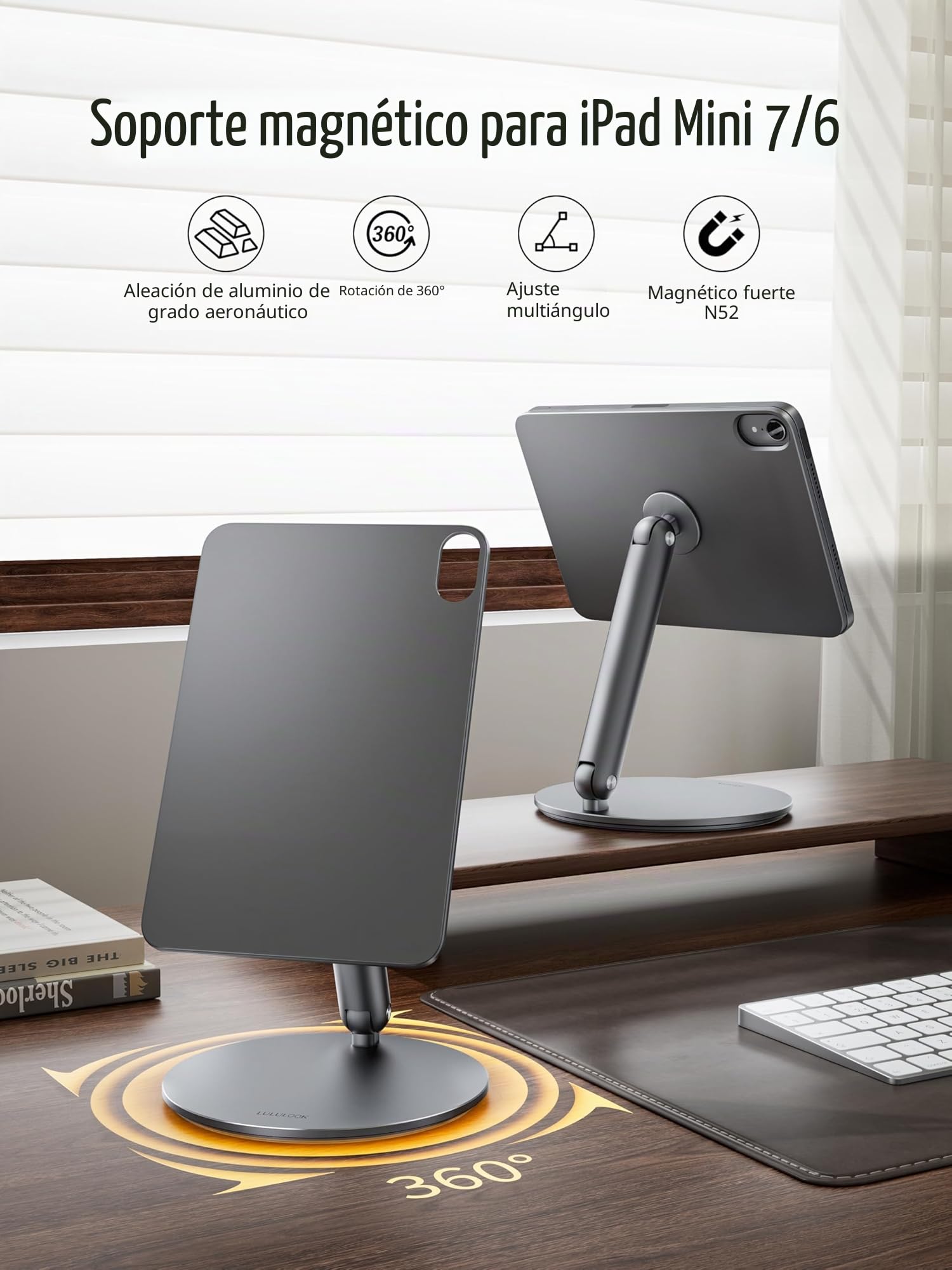 LULULOOK Soporte magnético para iPad mini 7 con base giratoria de 360°, soporte plegable de aluminio para Mini 6, soporte de escritorio para tablet para Apple iPad mini (A17 Pro) 2024/6 (8.3" 2021