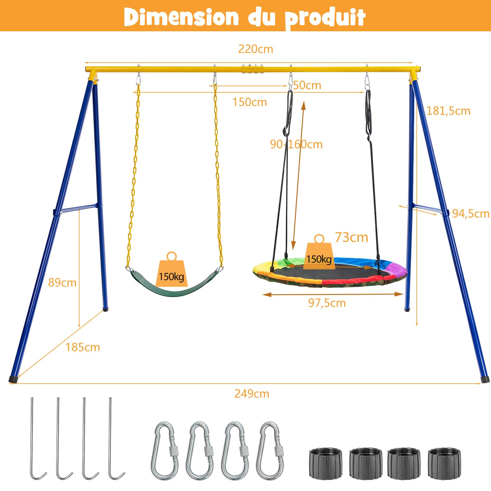 COSTWAY Portique Balançoire Extérieur en Métal avec 2 Balançoires, Balançoire Enfant Extérieur avec Cadre en Forme A & Cordes Réglables, Charge Max 300kg pour Adulte et Enfant de 3 Ans+