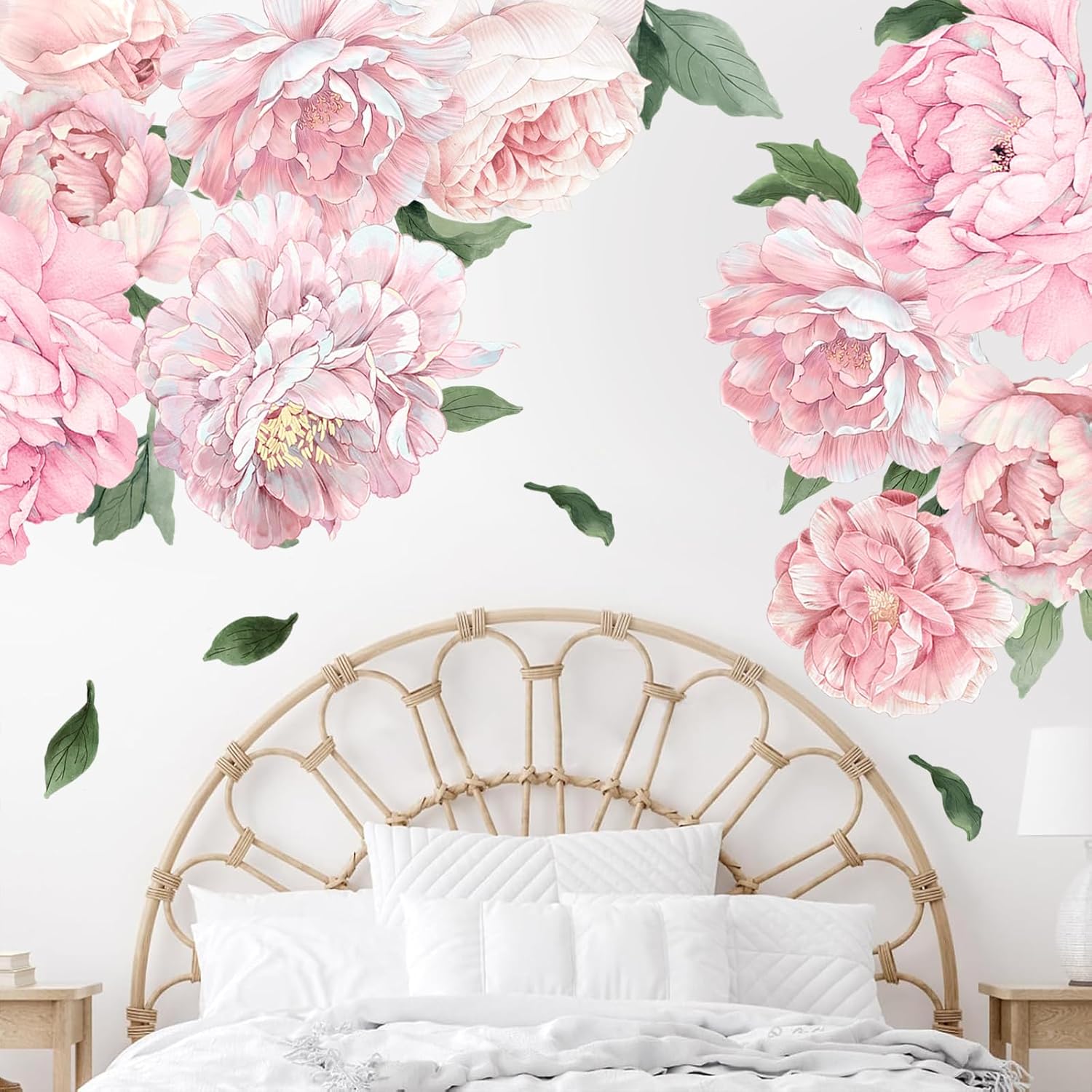 Large Pink Peony Wall Decals, Blush Flower Stickers for Girls Room & Kids Bedroom, Colorful Floral Vinyl Art for Nursery, Self-Adhesive Decor