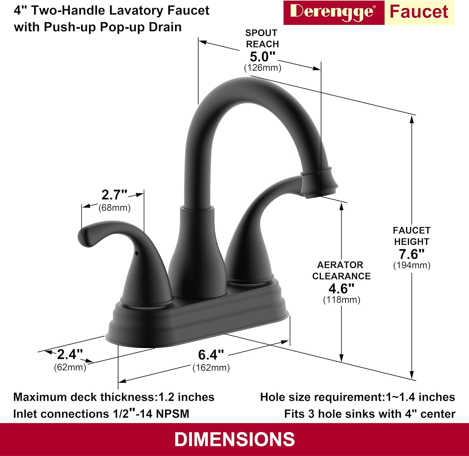 Centerset Bahtroom Sink Faucet,4 Inch Two Handle Bathroom Faucet with Overflow Push up Pop-up Drain,Matte Black Finished,LF-BH4505-MT