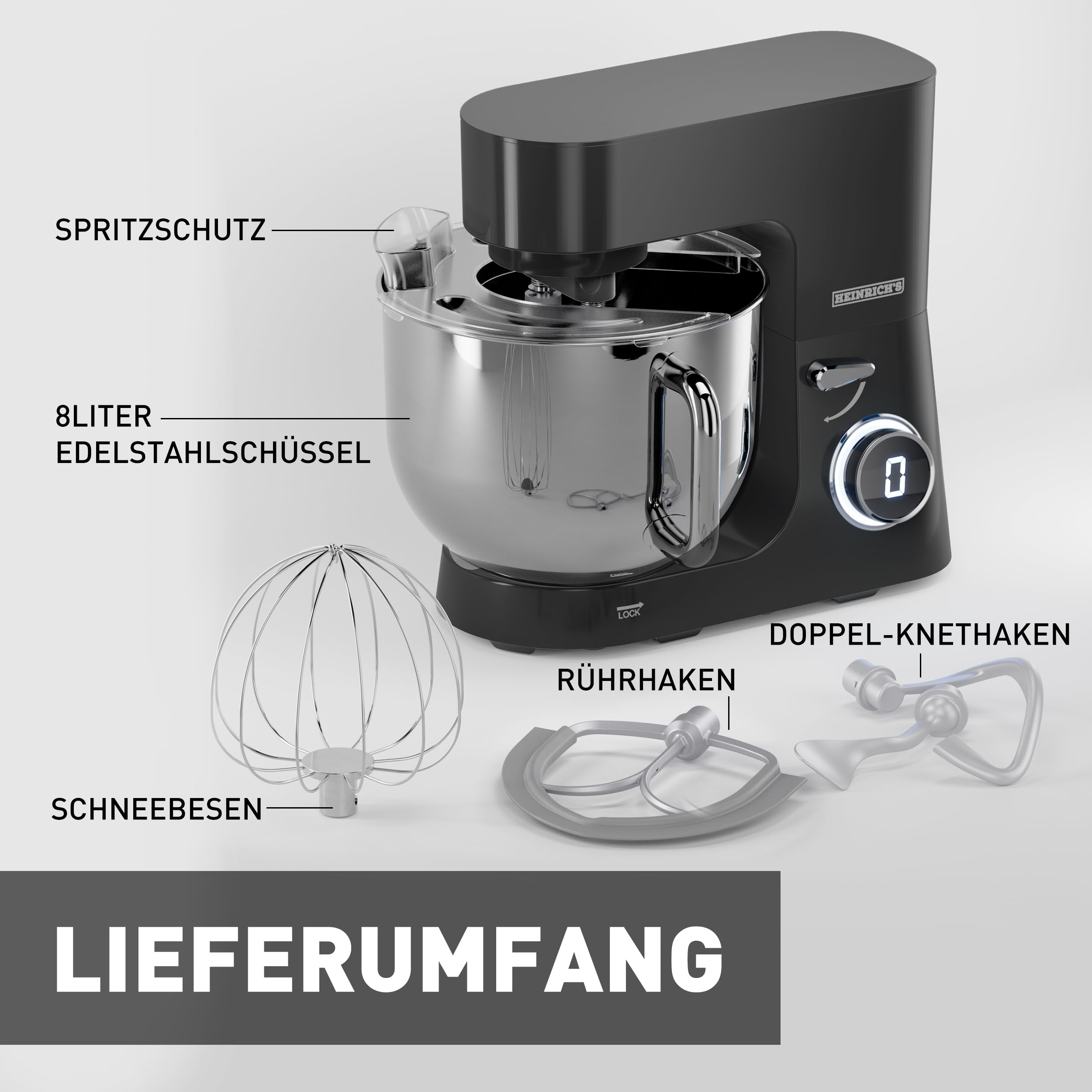 Heinrichs´s Küchenmaschine, Knetmaschine, Teigmaschine, 2500W Küchengerät, Doppel-Knethaken, Rührhaken, Schneebesen, 8 einstellbare Geschwindigkeiten, XXL 8L Edelstahlschüssel,geräuscharm, Titan