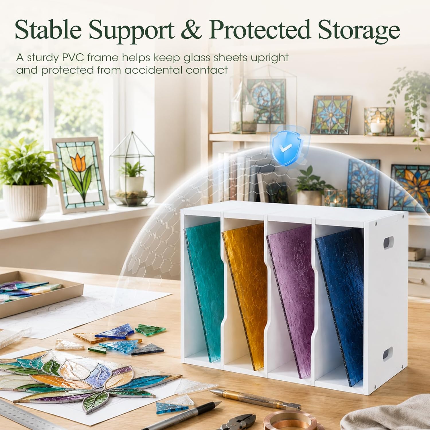 Krafetto Stained Glass Sheets Storage Rack, Glass Organizer for 12" x 12" Sheets, 4-Slot Glass Rack Craft Storage Organizer for Crafting Room and Workspace, Organizing Glass for Projects