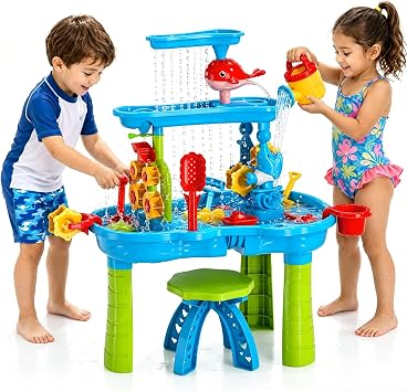 3-Tier Sand and Water Table Play for Toddlers 3-8, Sensory Table with Bonus Chair & Rich Accessories, Outdoor Kids Water Table, Splash Sand Table Water Toys, Summer Birthday Gift for Outdoor Beach