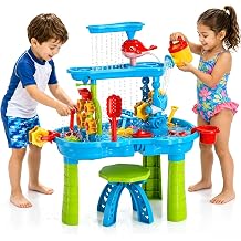 3-Tier Sand and Water Table Play for Toddlers 3-8, Sensory Table with Bonus Chair & Rich Accessories, Outdoor Kids Water Table, Splash Sand Table Water Toys, Summer Birthday Gift for Outdoor Beach
