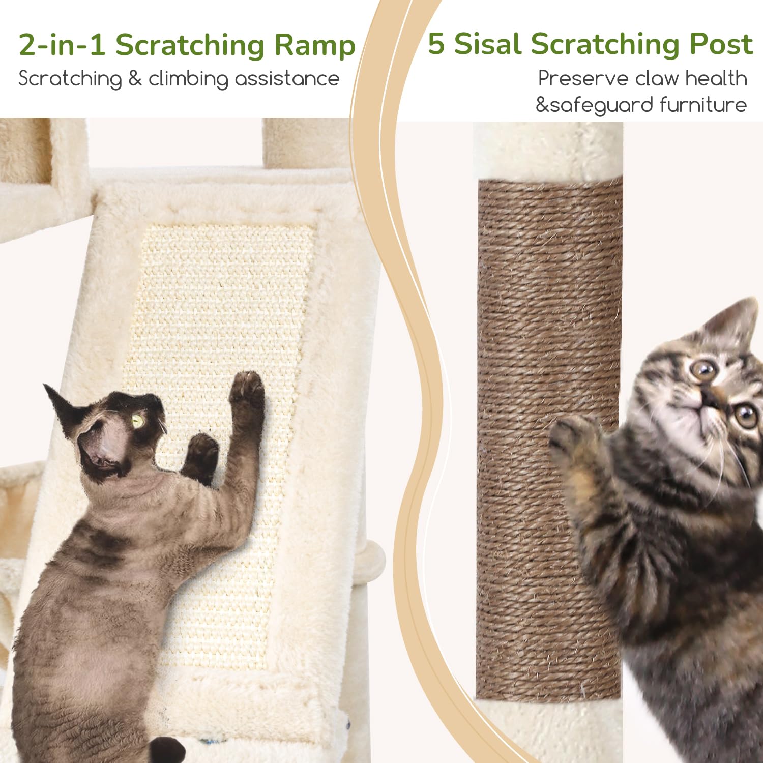 Globlazer Arbre a Chat Beige Grand Hauteur 189 cm avec 2 Niches, 2 Perchoirs rembourrés, Pente Sisal Peluche, Lit Amovible, Arbres à Chat Solide pour Chats Repos Jeu Escalade Intérieur (F74D, Beige) | Arbre à chat avec 2 maisons pour chat, 2 perchoirs rem