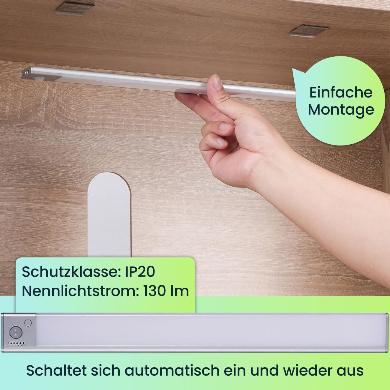 ideoon 4er-Set Flache Akku LED-Lichtleiste, 40cm mit Bewegungssensor, 120 LEDs: Kabellos, hell & energiesparend – Perfekt für Schrank, Flur & Küche