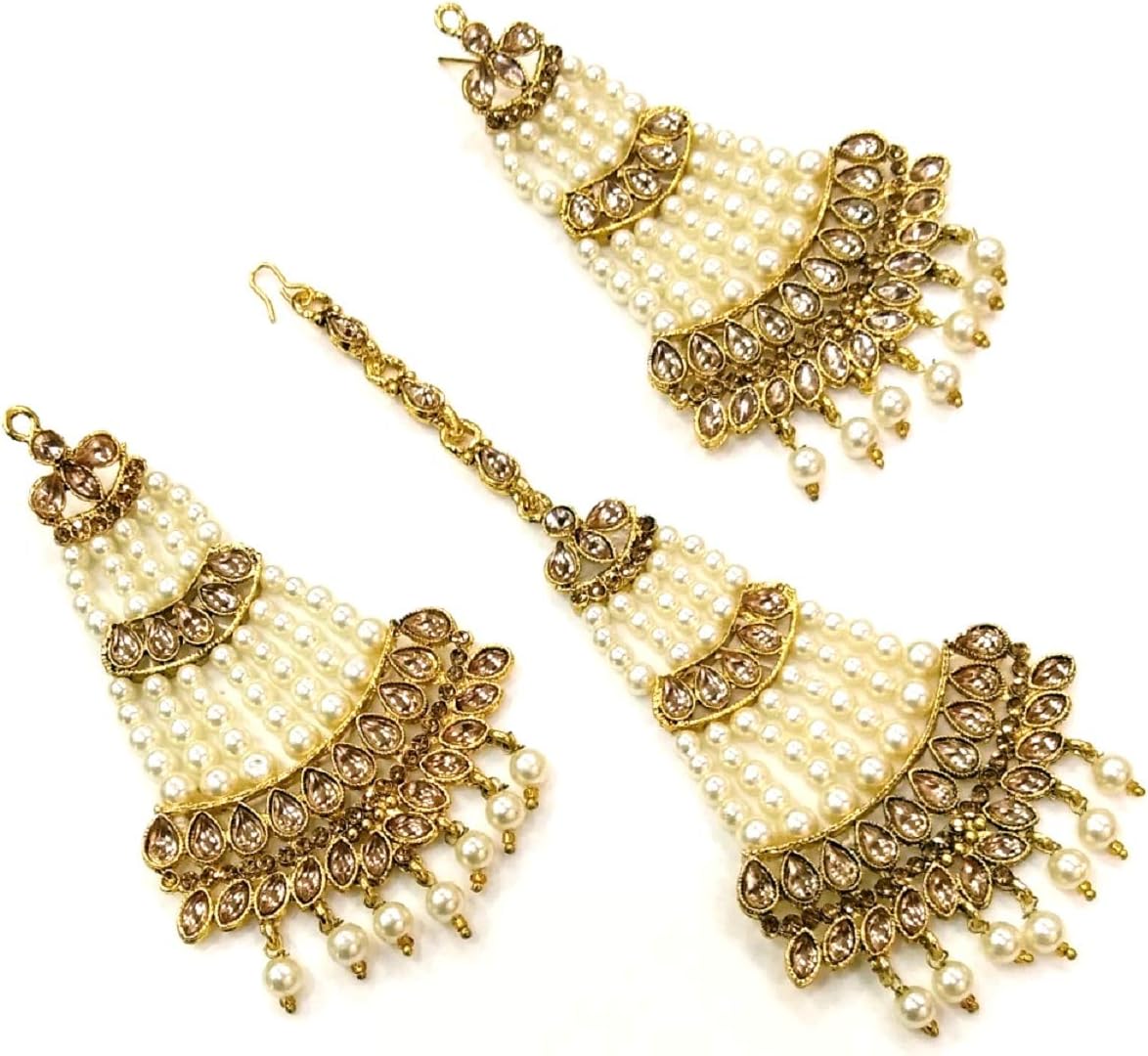 HARITA Kundan White Pearl Gold Plated Jhoomar Earrings with Maang Tikka Passa for Women (HET-3010GD)