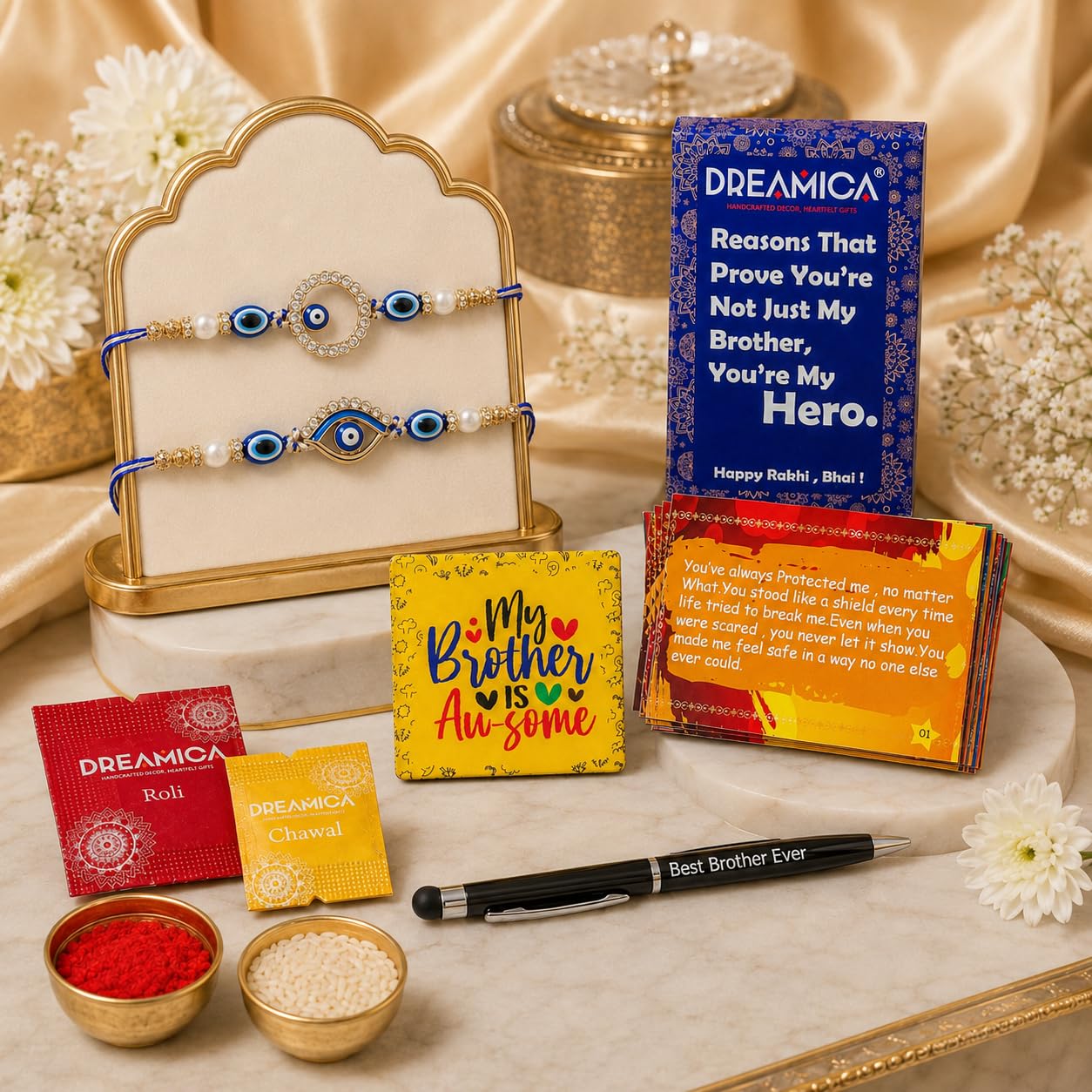Dreamica Designer Set of 2 Rakhi, Fridge Magnet, Set of 8 Cards, Pen, Greeting Card and Tilak Set | Best Rakhi Gift for Brother