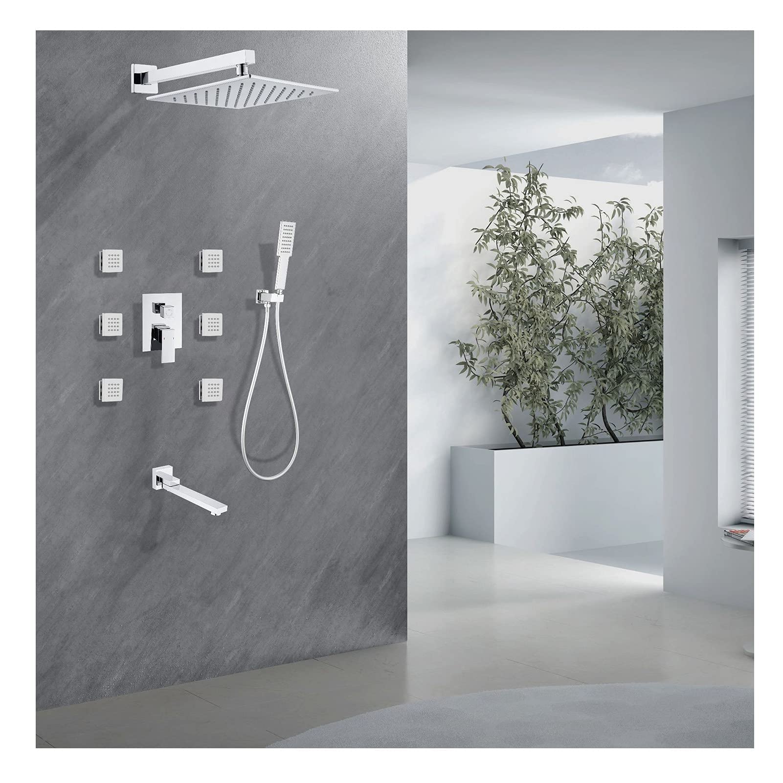 CWCQGH Shower Faucets Sets Matte Black Rainfall Shower Head with Hand Shower Brass Shower Combo Set with Tub Spout 6pcs Body Massage Jets Sprayer Black,Showerheads