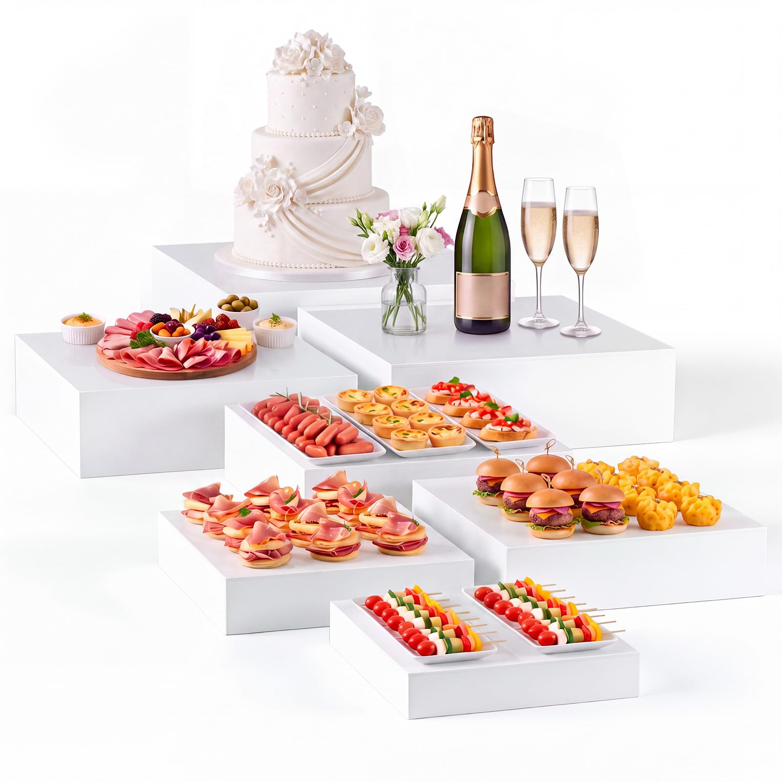 Leinuosen 7 Pcs Large Acrylic Buffet Risers, 8-14" Square, White