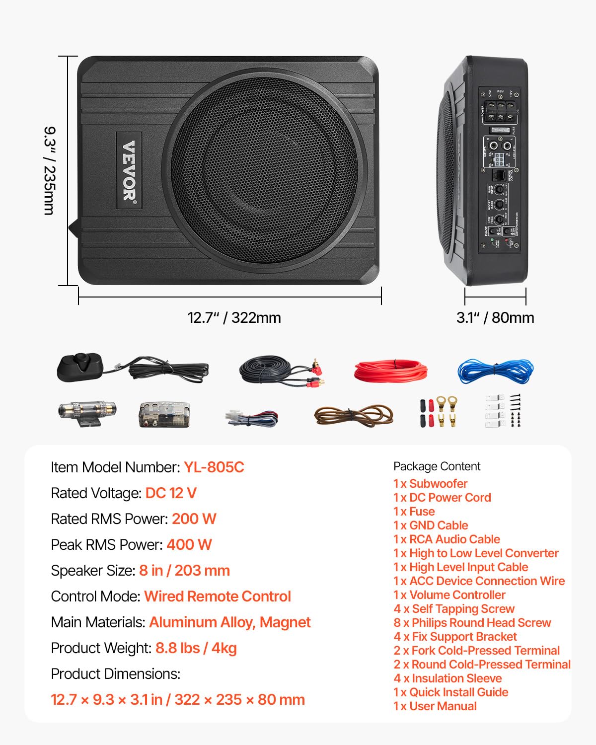 VEVOR Subwoofer per Auto Sotto Sedile, Subwoofer Auto Sottile Sistema Audio a Basso Profilo, Audio con Amplificatore integrato, Ingresso Livello Alto Basso Regolatore del Volume 203 mm e 400W