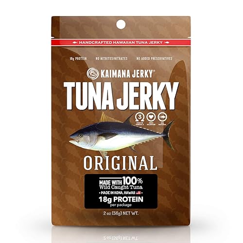 Kaimana Cecina de atún Ahi silvestre  Original  Rico en omega-3 y alto en proteínas  Cecina de pescado totalmente natural y orgánica (2 onzas)
