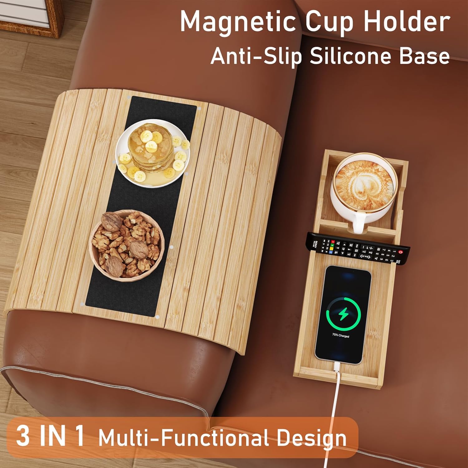 Bamboo Foldable Sofa Armrest Tray with Magnetic Detachable Cup Holder & Anti-Slip Pad | Versatile Couch Arm Table for Drinks, Snacks, Phone, Remote Control Organizer