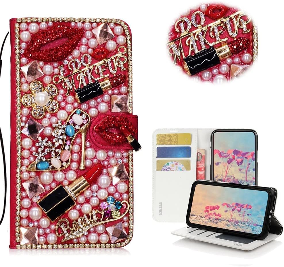 STENES Bling Wallet Phone Case Compatible with Samsung Galaxy Z Fold 6 5G Case - Stylish - 3D Handmade Girls Lipstick High Heel Flowers Magnetic Wallet Stand Girls Women Leather Cover - Red