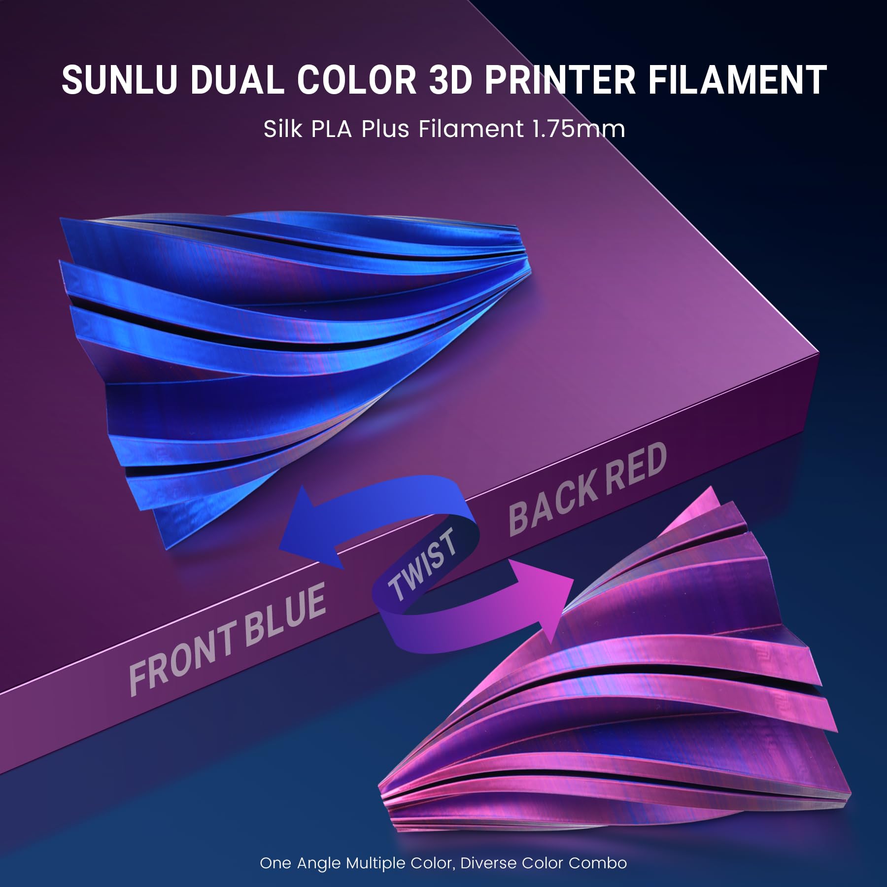 SUNLU Silk PLA Plus Filamento per stampante 3D, Filamento PLA+ Lucido a Doppio Colore da 1.75mm, 360° Svela Vari Colori, Precisione Dimensionale +/- 0.02mm, Bobina da 1kg, Rosso Blu