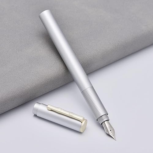 Hongdian H3 - Pluma estilográfica de aluminio plateado, punta fina, tapa de rosca con clip en forma de bambú Hongdian H3 - Pluma estilográfica de aluminio plateado, punta fina, tapa de rosca con clip en forma de bambú