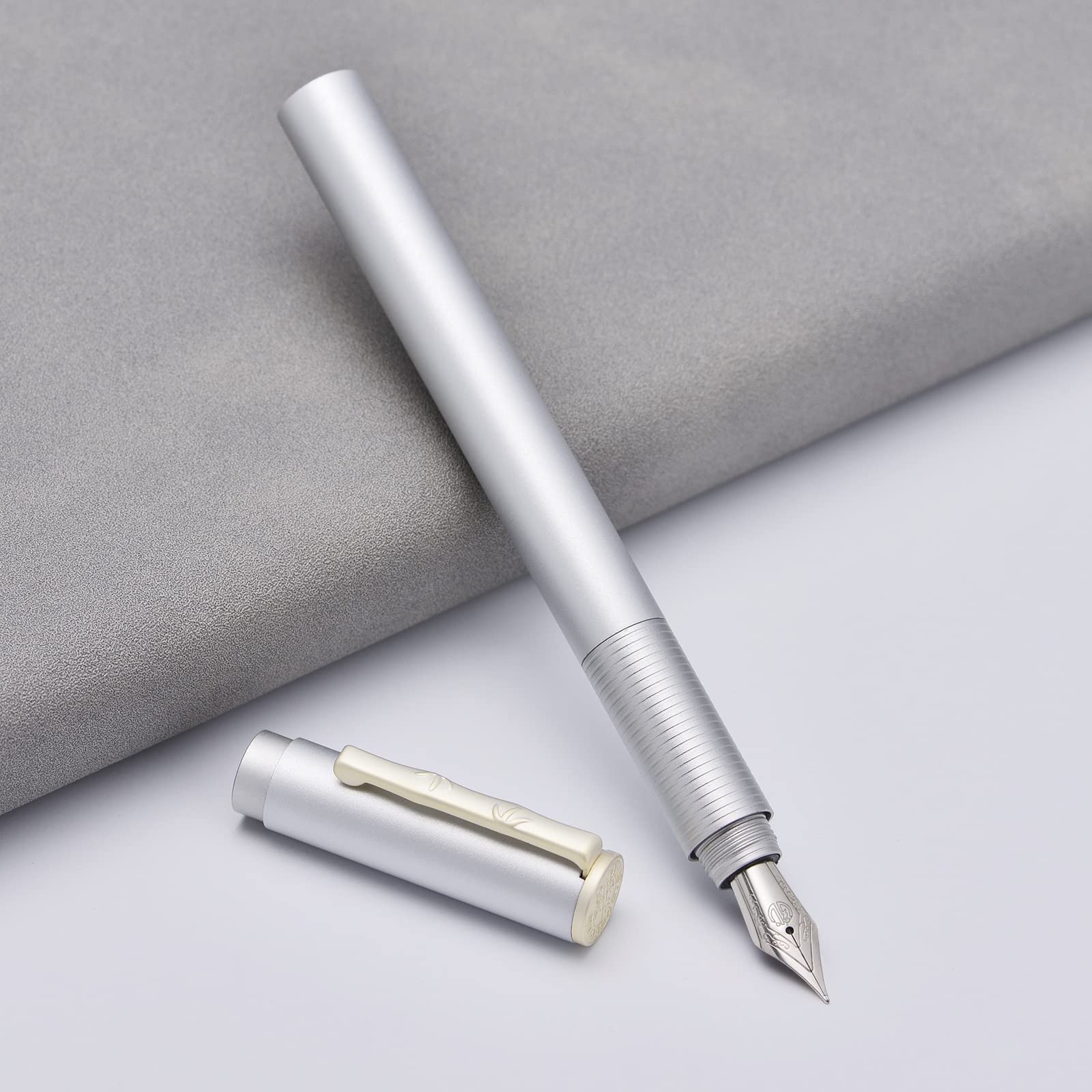 Hongdian H3 Silver Aluminum Fountain Pen Fine Nib, Screw Cap with Bamboo Shape Clip