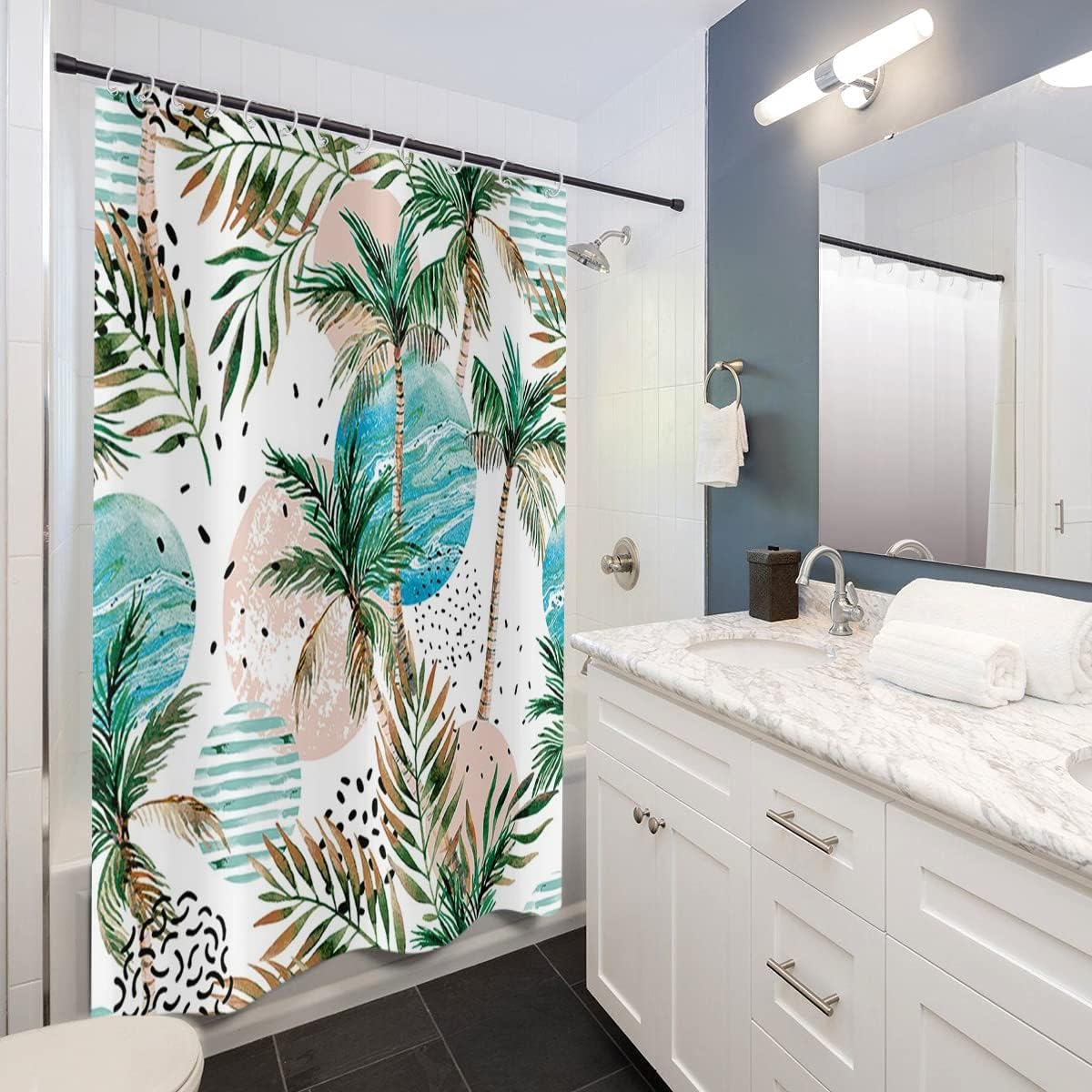 Tropical Shower Curtain, Abstract Boho Tropical Palms Leaf Coconut Tree Bathroom Curtain for Summer Bathtub Home Decor Waterproof Fabric Machine Washable with 12 Hooks, 72"x84"
